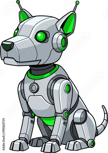 Futuristic Robot Dog Character with Neon Green Accents, AI Cybernetic Pet, Flat Cartoon Vector Art