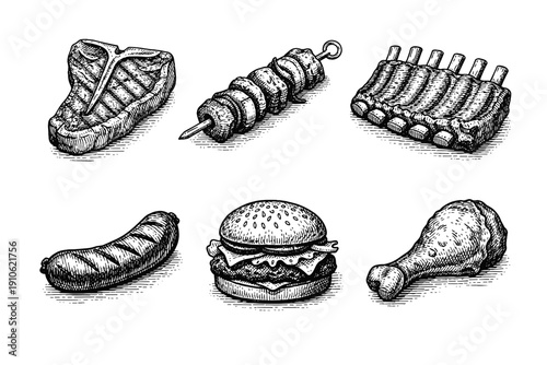 Vintage meat and grill engraving set, antique butchery sketches and barbecue food in woodcut style