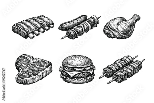 Vintage meat and grill engraving set, antique butchery sketches and barbecue food in woodcut style