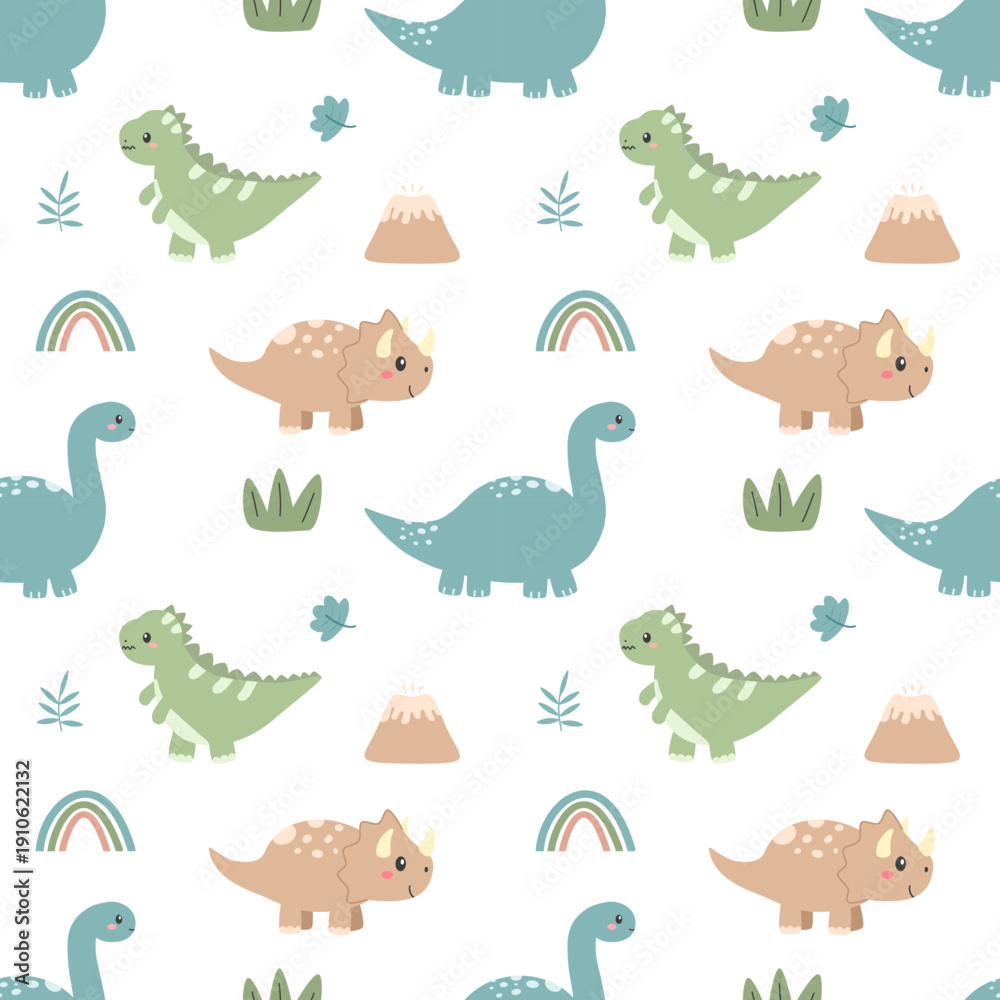 Obraz premium Cute dinosaur seamless pattern with T rex, triceratops and brontosaurus. Boho pastel prehistoric cartoon background with rainbow, volcano and leaves. Flat design vector illustration.