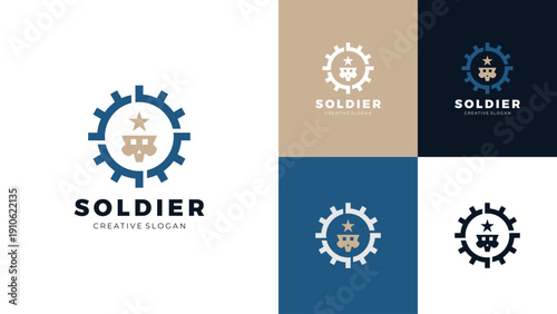 Modern Minimalist Soldier Gear Symbol Logo Design for Industrial Defense Company and Engineering Workshop Template Vector Illustration