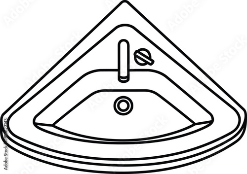 A simple line drawing of a triangular sink with a faucet and drain.