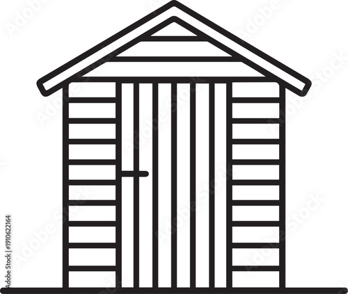 A detailed line drawing of a charming shed or cabin, representing tranquility and solitude. 