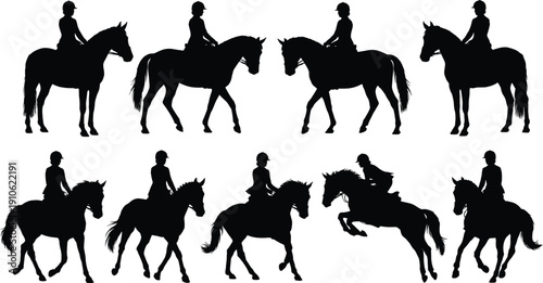Horse rider silhouettes collection with walking, trotting, galloping, and jumping poses, equestrian vector icons for farm, ranch, countryside illustrations