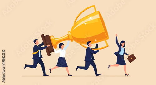 A unified team of professionals sprints forward, collectively shouldering a colossal golden trophy to symbolize the unstoppable momentum of their shared success