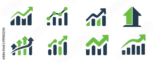 Growth Graph Vector Icons, business chart illustrations showing financial rise, increasing profit, revenue growth, performance metrics, analytics, statistical diagrams, and professional vector graphic