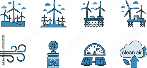 Renewable Energy and Wind Power Icons Set, Flat Vector Illustration of Clean Green Technology
