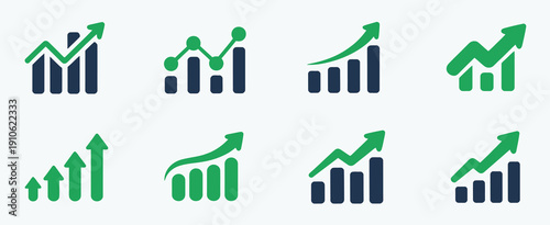 Growth Graph Vector Icons, vector icon collection featuring business charts, financial growth indicators, profit increase, sales analytics, revenue trends, performance monitoring