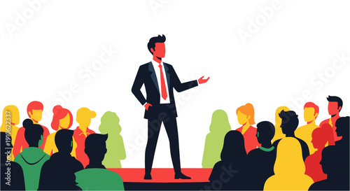 A confident male speaker in a suit and red tie addresses a diverse audience of people, delivering a powerful presentation or speech at a conference or public event.