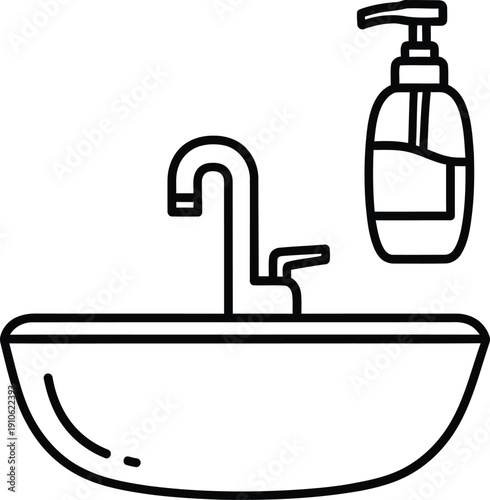 Simple line drawing of a sink with faucet and soap dispenser