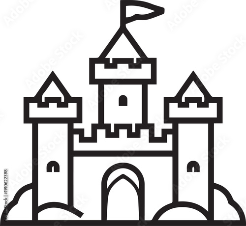 An outlined illustration of a majestic castle with towering turrets and a waving flag atop, evoking a sense of history and fantasy.