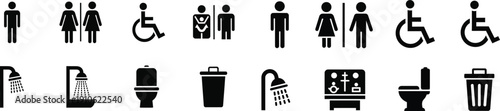 Restroom, Shower, Toilet, Trash Can Vector Icons Set. Public Bathroom Signage, Disabled Access, Male, Female Symbols isolated on white