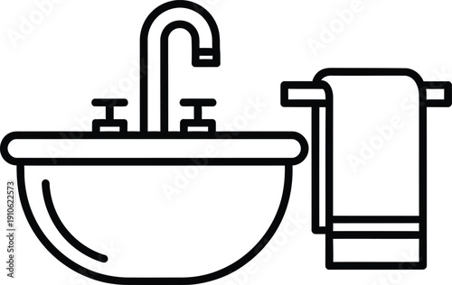 Simple line drawing of a bathroom sink with a faucet and towel