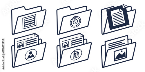 A collection of various file folders and documents in a line.