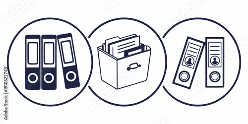 Organized office supplies including binders, boxes, and files