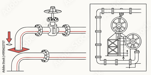 A detailed diagram of a complex plumbing system with various pipes and valves.
