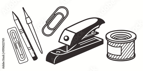 A variety of office supplies including a stapler, paper clips, and a pen.