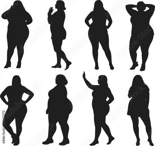 Plus size women silhouettes set, curvy female body shapes collection isolated black vector illustration for body positivity, fashion and lifestyle design elements