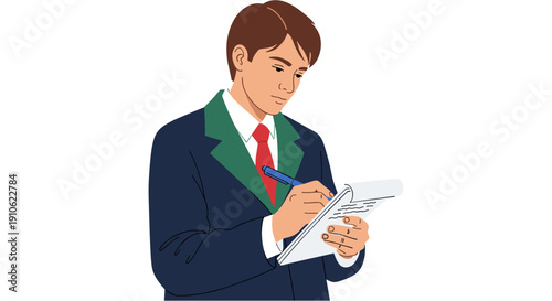 A focused young man diligently takes notes on a notepad with a pen, illustrating dedication and concentration in a professional setting.