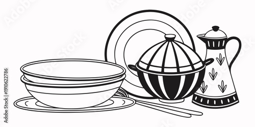 A variety of dishes and a teapot arranged on a table