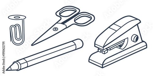 Assorted office supplies including scissors, stapler, and pen