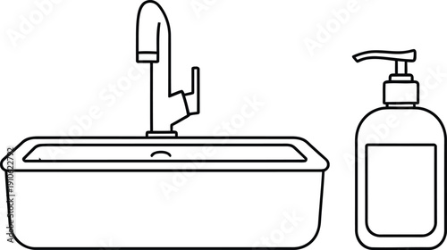 A simple line drawing of a sink with a faucet and soap dispenser.