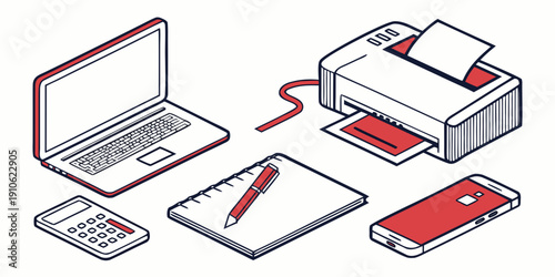 A collection of office equipment including a laptop, tablet, smartphone, and printer