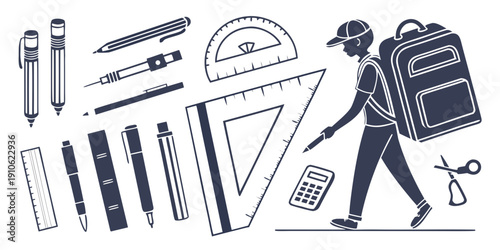 Student walking with backpack and various school supplies scattered around