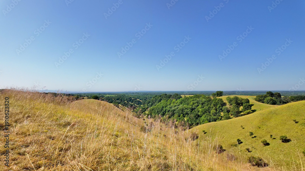 Fototapeta premium Tranquil sunny summer landscape with green fields and hills in south-eastern Europe, Serbia.