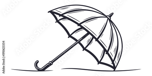 A detailed line drawing of an open umbrella with a curved handle