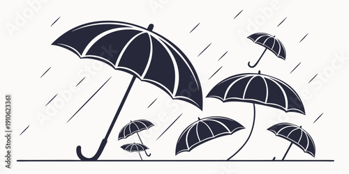 Group of umbrellas protecting from heavy rainfall in a monochrome illustration