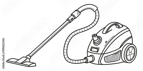 A detailed sketch of a vacuum cleaner with its attached hose and nozzle.