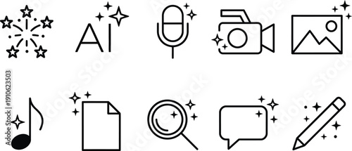Digital tools and media icons enhanced with AI and magical sparkles for creative projects