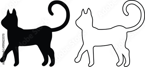 Two stylized graphic representations of cats, one solid black and one white outline, both walking with curled tails.