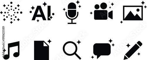 Icons representing artificial intelligence enhanced creative content and digital media production