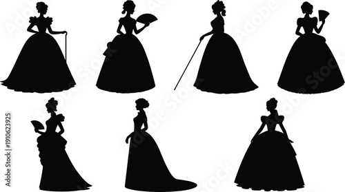 Victorian lady silhouettes set, elegant women in vintage ball gowns isolated black vector illustration for historical fashion, royal character design elements pack