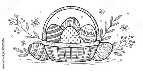 Easter basket with decorated eggs floral elements black and white line art illustration