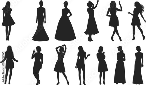 Women silhouette set in elegant dresses with standing and dancing poses isolated on white background, female vector illustration collection