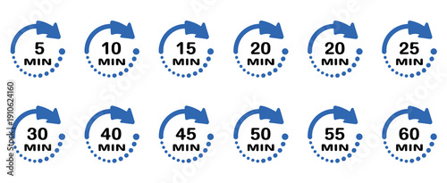 Set of Minute Timer Vector Icons on White Background, vector icon collection showing interval timers, minute countdowns from 5 to 60, time tracking, productivity symbols, stopwatch elements, and flat 