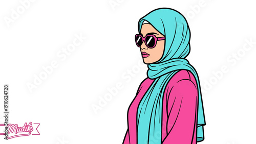 Pop art illustration of a stylish young woman wearing a turquoise hijab, pink top, and dark sunglasses, looking sideways.