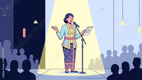 A woman in traditional Indonesian attire speaks at a podium under a spotlight to an audience, holding a tablet during a cultural event.