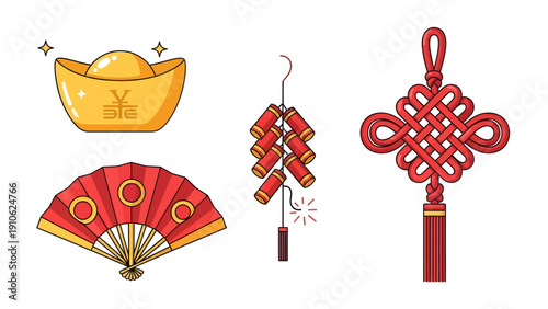 A collection of traditional Chinese cultural symbols including a golden ingot, a red folding fan, firecrackers, and a decorative Chinese knot, representing prosperity and celebration.
