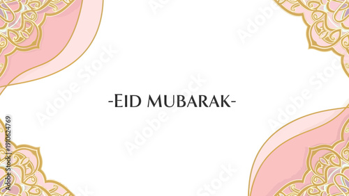 A minimalist Eid Mubarak greeting card design with elegant pink and gold Islamic geometric patterns in the corners on a white background.