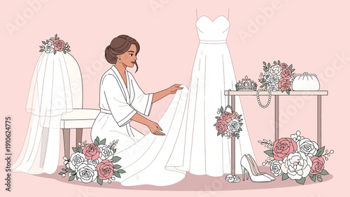 An illustration of a bride in a white robe preparing for her wedding day, surrounded by her elegant white gown, floral bouquets, veil, and accessories.