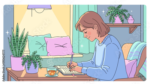 A young woman writing at a desk by a window with plants and a cup of tea, creating a cozy and productive atmosphere.