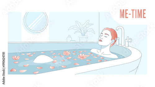 An illustration of a person enjoying a relaxing bath with flower petals, symbolizing self-care and 'me-time' in a serene bathroom setting.