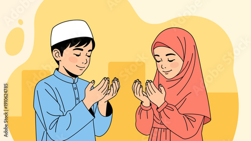 A young Muslim boy and girl praying with hands raised in a gesture of dua, depicting devotion and faith.