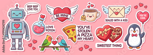 Love themed cute sticker set with cartoon kawaii characters. Valentines Day illustrations collection. Hearts, Animals, Sweets