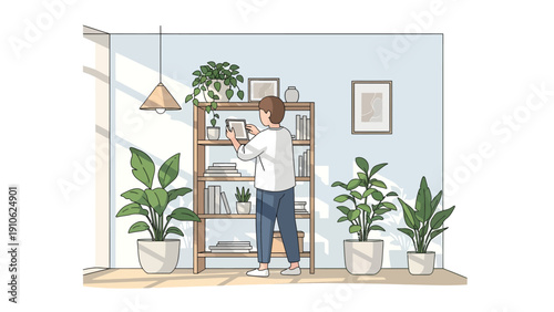 A person organizing a wooden bookshelf filled with books and decorative items, surrounded by lush potted plants in a sunlit room.