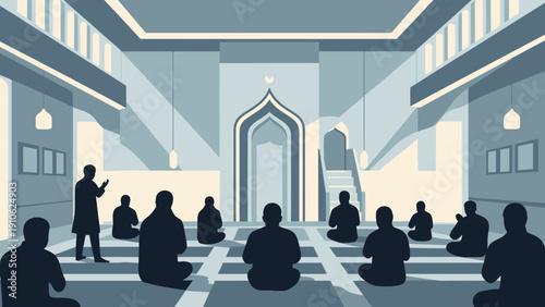 Muslim men praying in a mosque, with one person leading the congregation in a serene and spiritual setting.